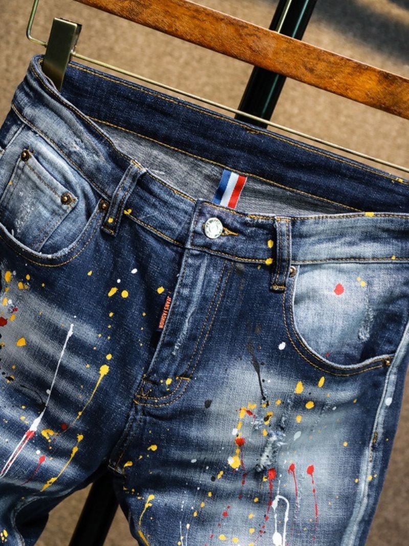 Farba Splatters Ołówek Spodnie Zamek Średniej Talii Dżinsy