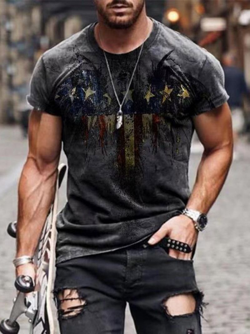 T-Shirt Męski Z Krótkim Rękawem I Okrągłym Dekoltem W Geometryczny Wzór