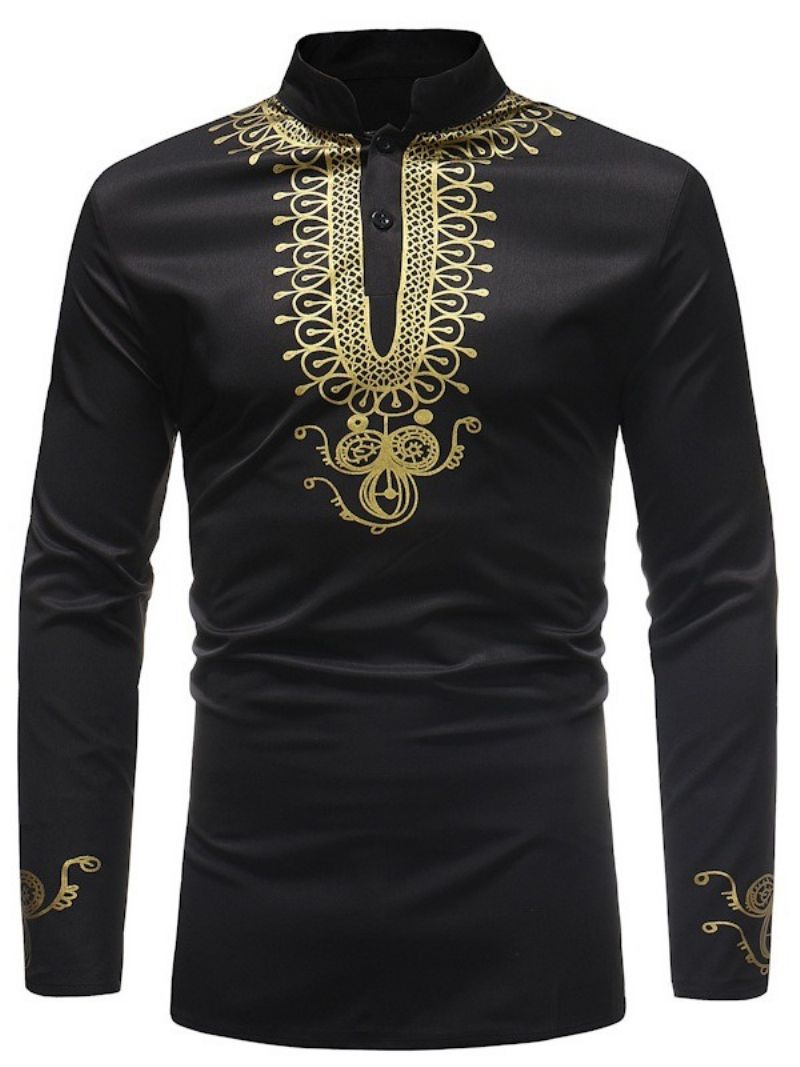 Afrykańska Moda Golden Black Dashiki Print Stand Collar Męskie Koszule