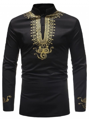 Afrykańska Moda Golden Black Dashiki Print Stand Collar Męskie Koszule