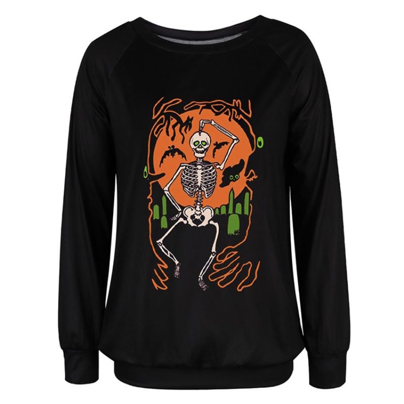 Halloweenowy Nadruk Z Czaszką Raglanowy Rękaw Z Okrągłym Dekoltem I Długim Rękawem