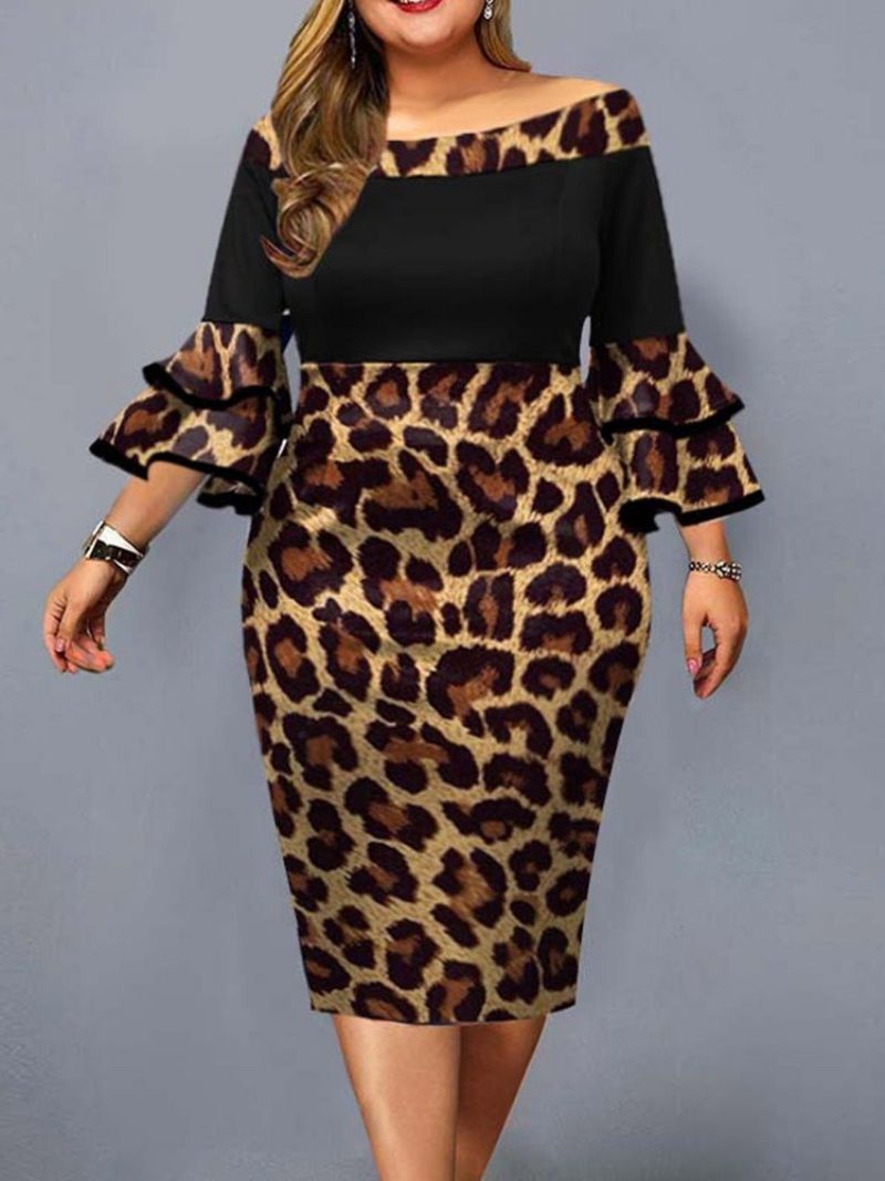 Plus Size Falbala Do Połowy Łydki Z Odkrytymi Ramionami Sukienka Pulowerowa W Panterkę