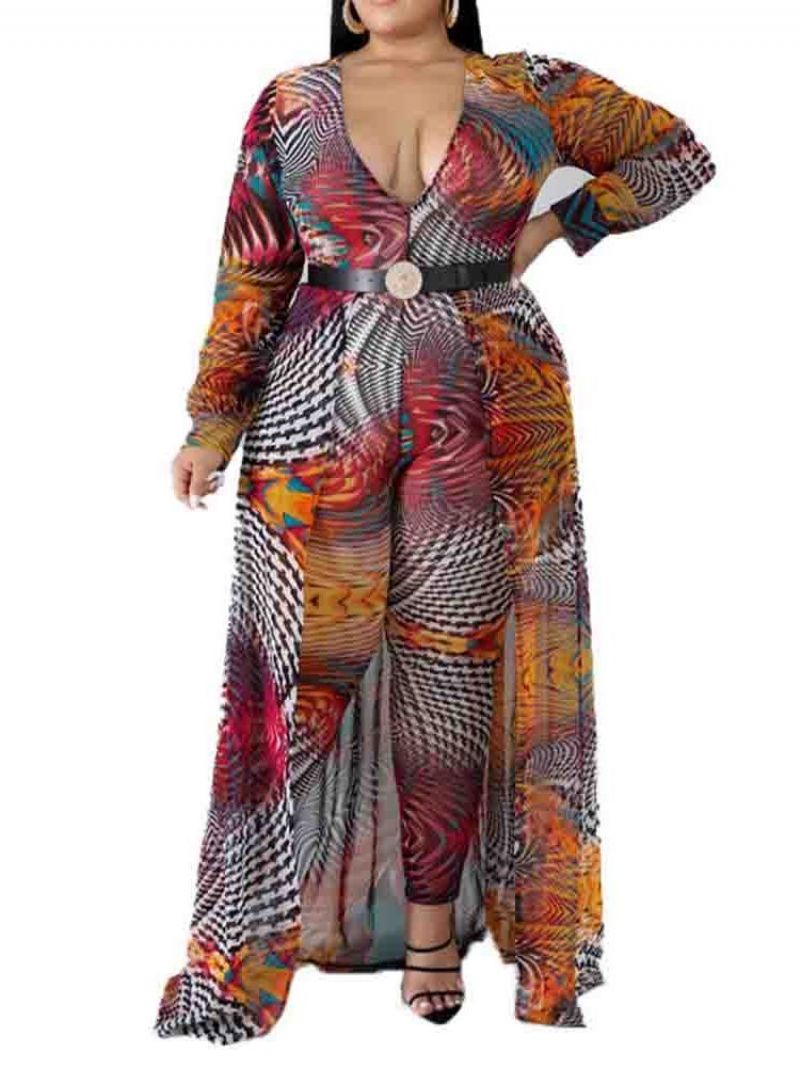 Plus Size Luźny Kombinezon W Kolorowe Bloki