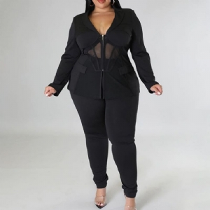 Plus Size Modna Koszula Z Siateczki Spodnie Ołówkowe Klapa Dwuczęściowe Zestawy