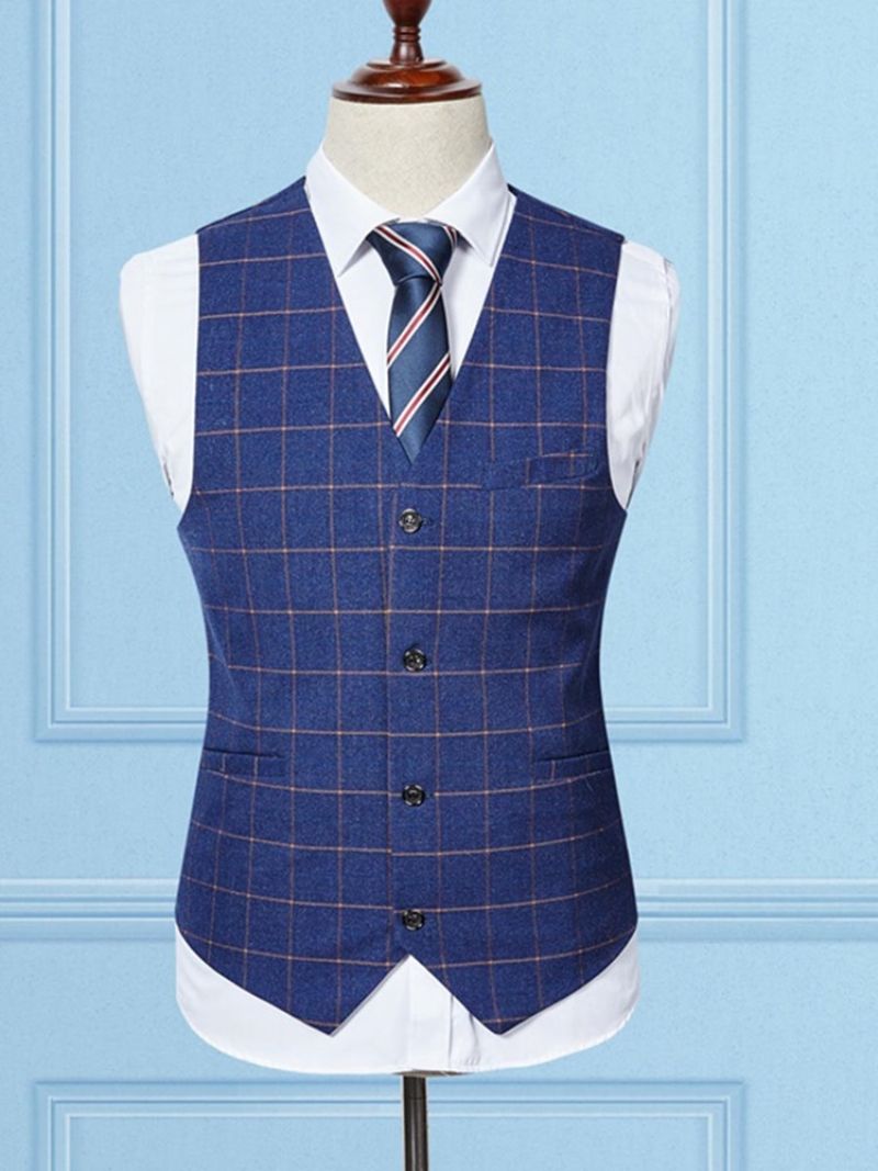 Plaid Blazer Spodnie Kamizelka Garnitur Męski