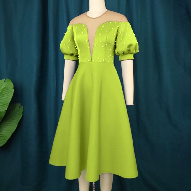 Plus Rozmiar Okrągły Dekolt Krótki Rękaw Koralik Linia A Biuro Lady Casual Dress