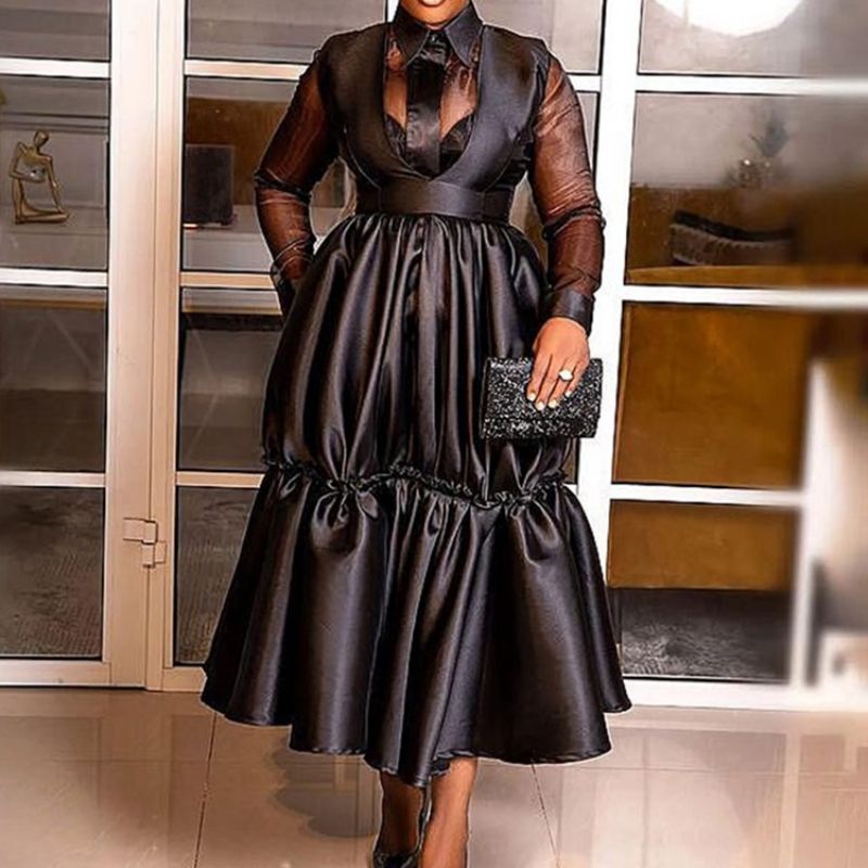 Siateczkowa Klapa Z Długimi Rękawami W Linii A Office Lady Casual Dress