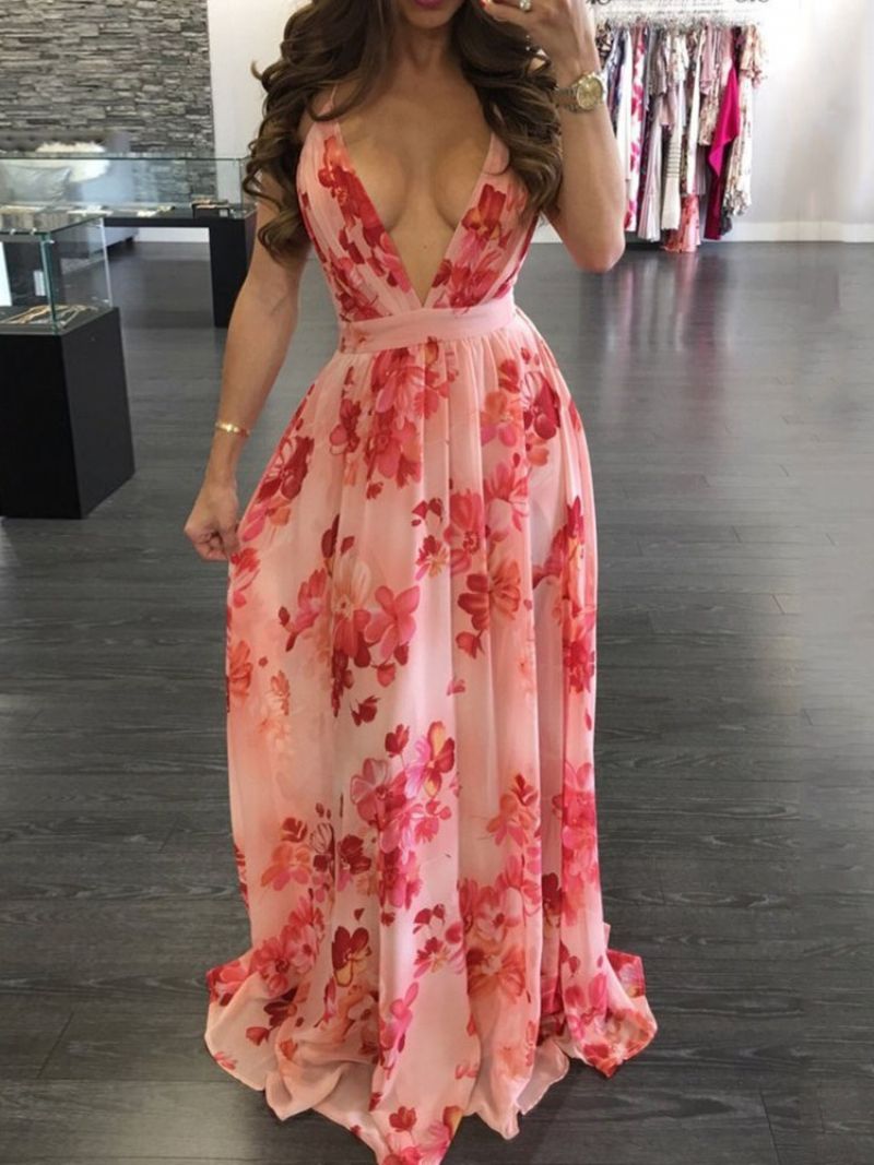 V-Neck Backless Długość Podłogi Moda Floral Maxi Dress Sukienki Plażowe Kobiet