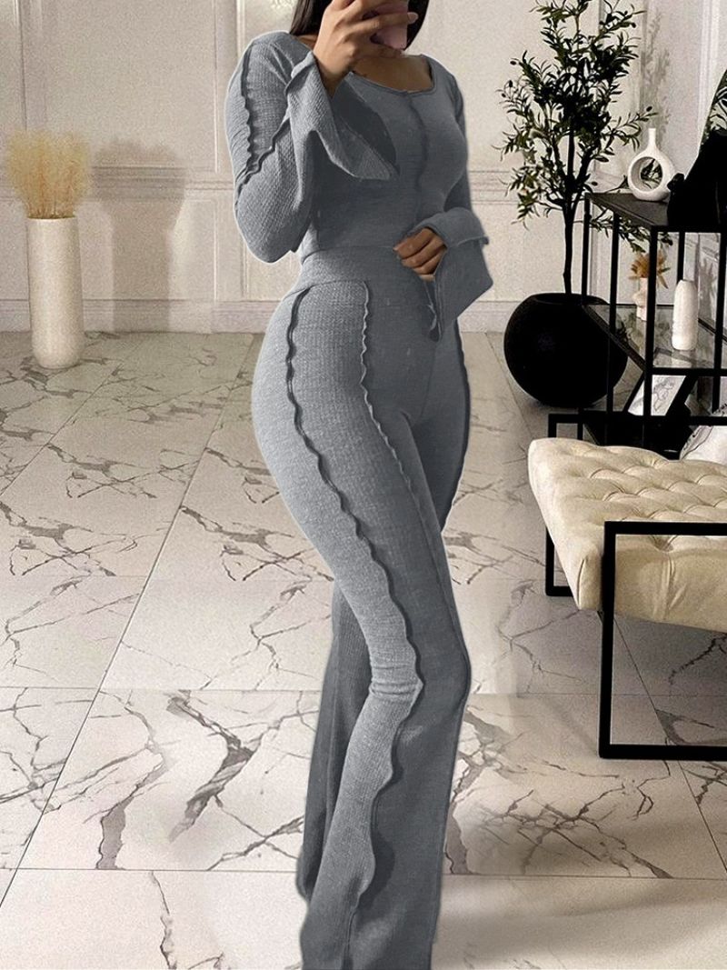 Casual Plain T-Shirt Bellbottoms Okrągły Dekolt Dwuczęściowy Zestaw