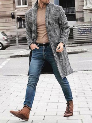 Lapel Średniej Długości Plaid A Line Męski Płaszcz