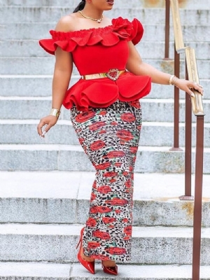 Afrykańska Moda Off Shoulder Bodycon Ruffles Sukienka Do Kostek (Bez Paska)