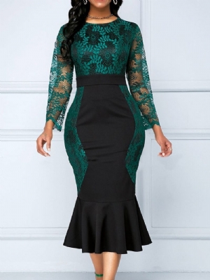 Do Połowy Łydki Okrągły Dekolt Patchworkowa Regularna Sukienka Bodycon Z Blokami Kolorów