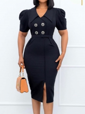 Do Połowy Łydki Sweter Z Rozcięciem I Krótkim Rękawem Office Lady Dress