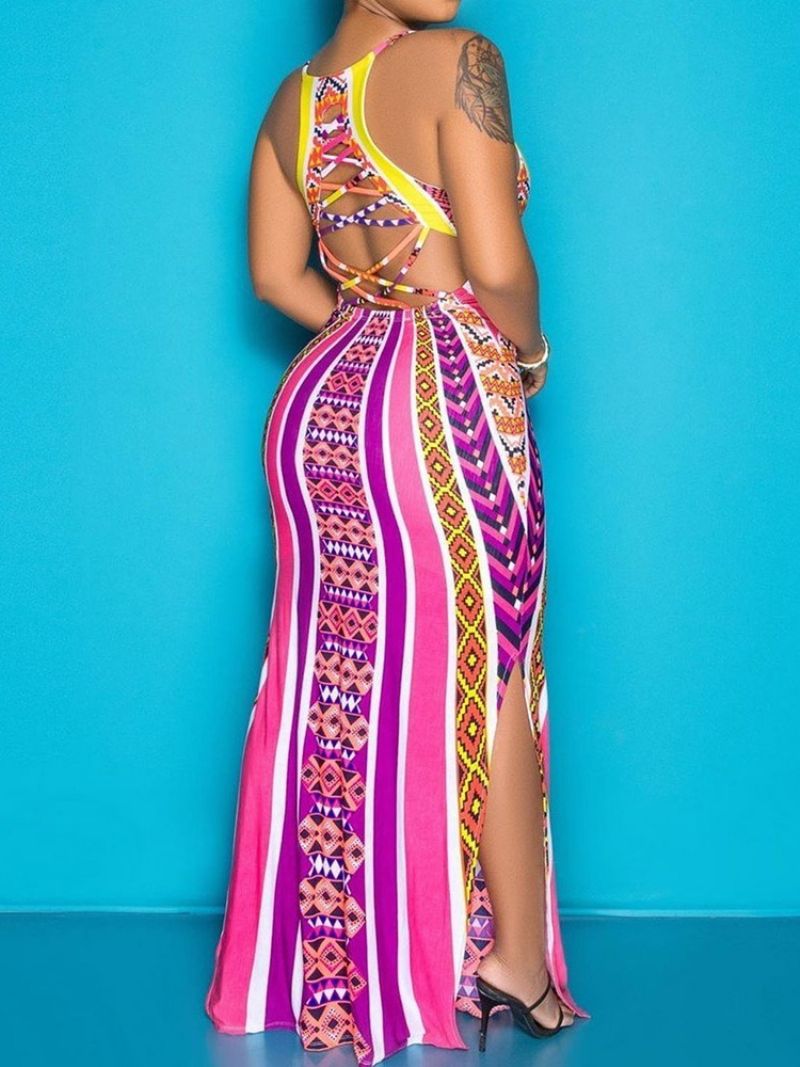 Patchworkowa Sukienka Bez Rękawów Do Podłogi Z Ramiączkami Spaghetti Bodycon W Kolorze Białym