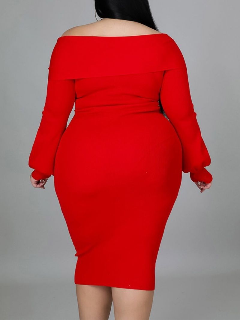 Plus Size Modna Sukienka Do Połowy Łydki Z Dekoltem W Szpic I Długim Rękawem